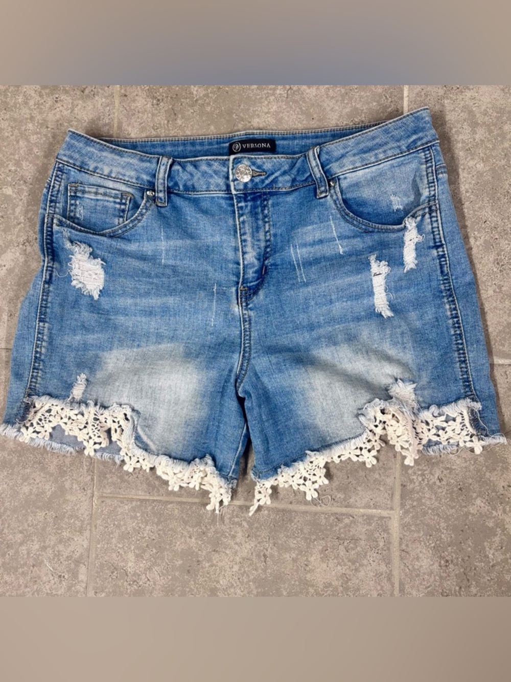 Versona Light Blue Distressed Denim Shorts with Crochet Trim - Size 10